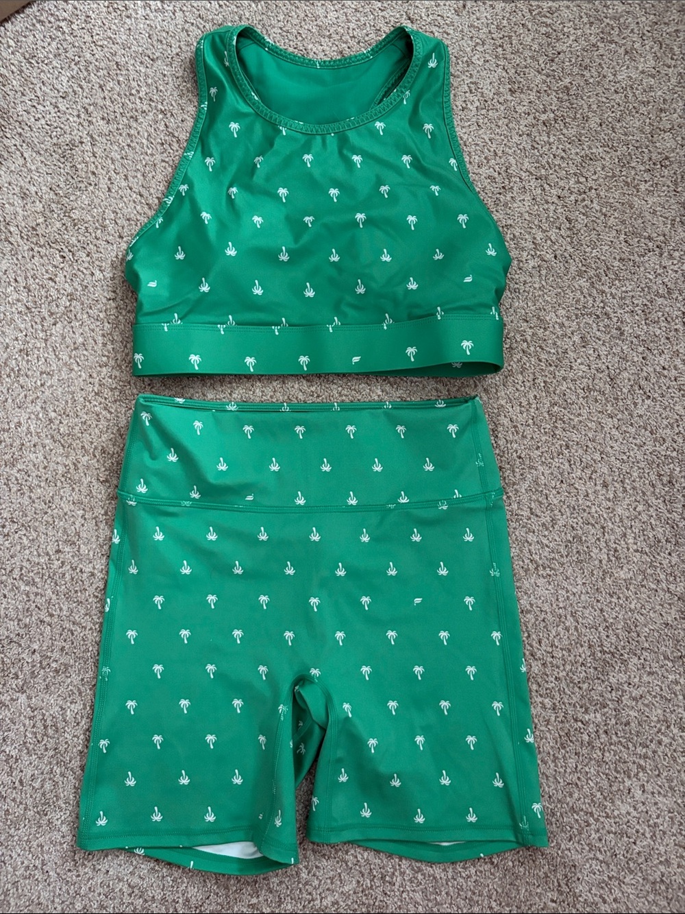 Fabletics Green Palm Print Crop Top and Bike Shorts Set